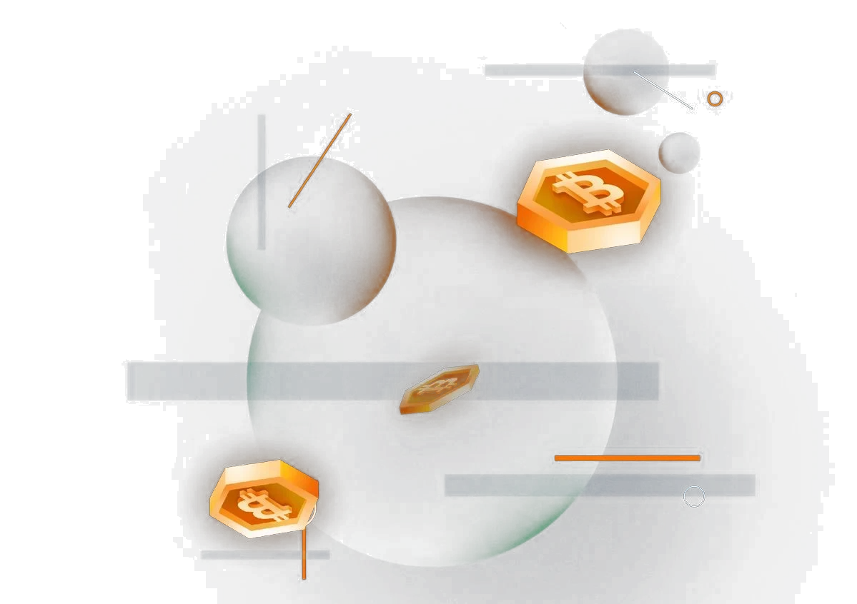 Floating 3D Bitcoin tokens and glass spheres in a dark ecosystem scene
