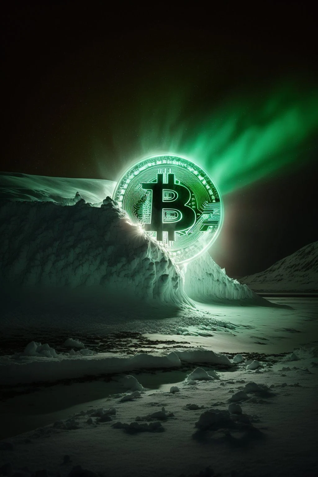 Bitcoin coin glowing under an aurora over an icy landscape