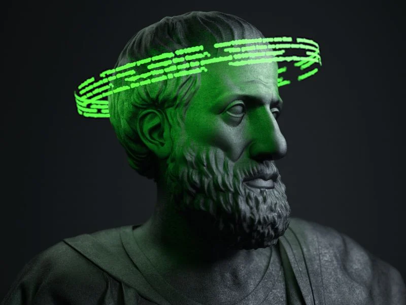 Classical marble bust wrapped in a ring of green data streams